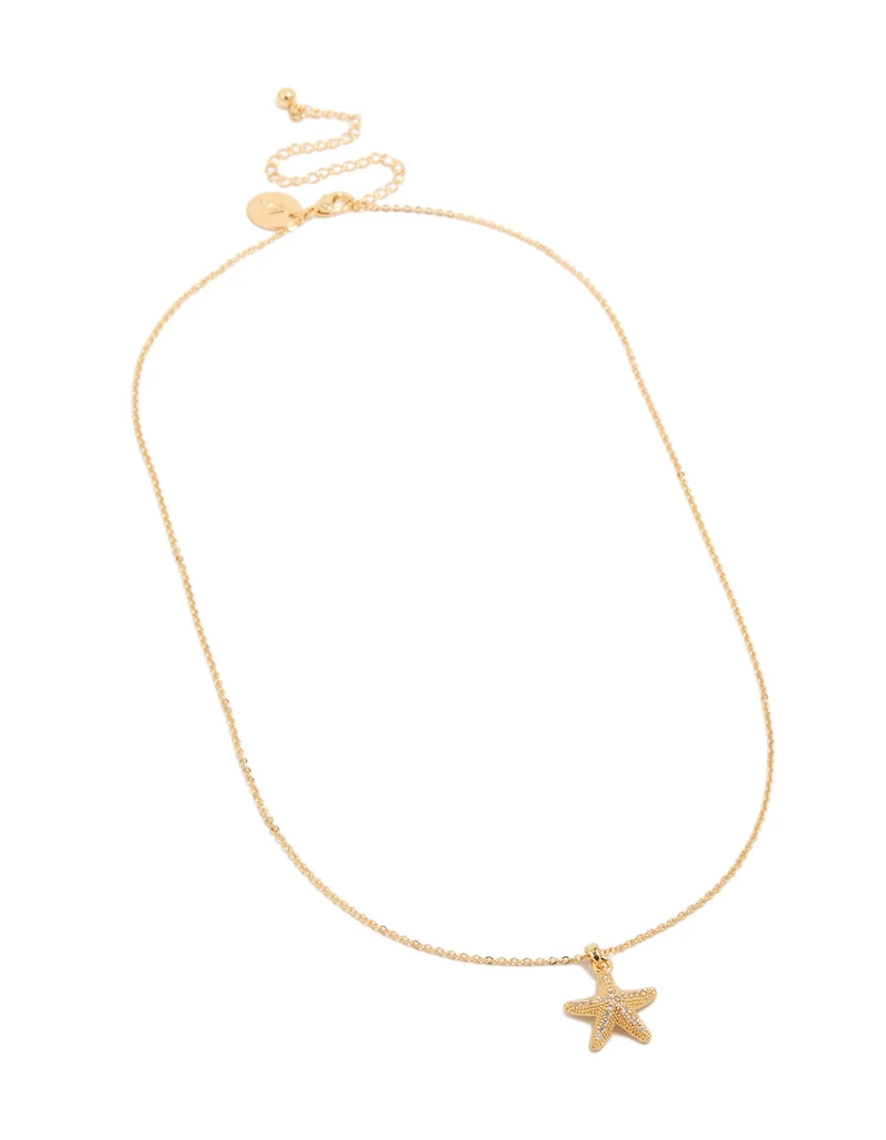 Gold Plated Brass Pavé Cubic Zirconia Starfish Pendant Necklace