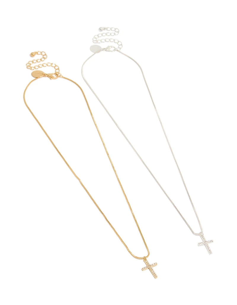 Mixed Metal Plated Brass Cubic Zirconia Cross Necklaces 2-Pack