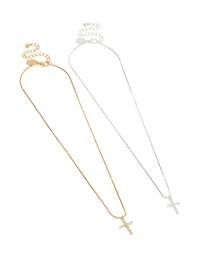 Mixed Metal Plated Brass Cubic Zirconia Cross Necklaces 2-Pack