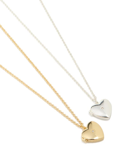 Mixed Metal Plated Brass Cubic Zirconia Heart Locket Necklaces 2-Pack