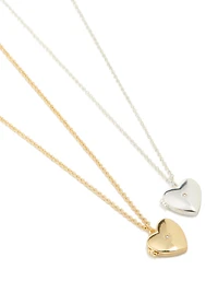 Mixed Metal Plated Brass Cubic Zirconia Heart Locket Necklaces 2-Pack