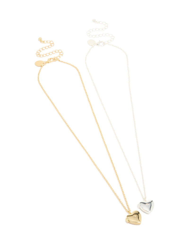 Mixed Metal Plated Brass Cubic Zirconia Heart Locket Necklaces 2-Pack