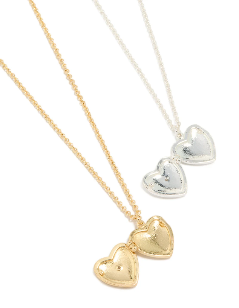 Mixed Metal Plated Brass Cubic Zirconia Heart Locket Necklaces 2-Pack