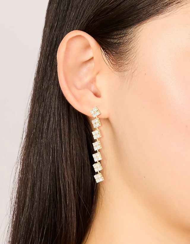 Gold Plated Cubic Zirconia Multi Flower Drop Earrings