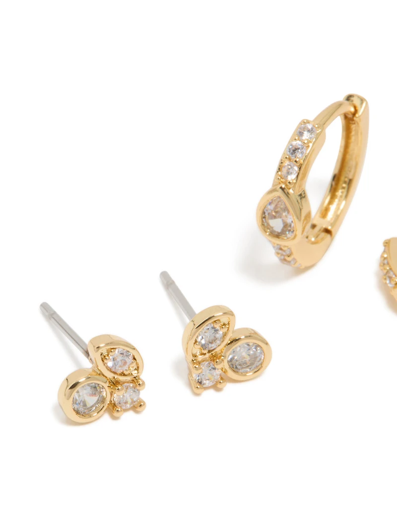 Boucles d’oreilles cubiques Zirconia Trio Stud & Huggie plaquées or en pack 2