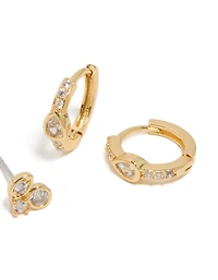 Gold Plated Cubic Zirconia Trio Stud & Huggie Earrings 2-Pack