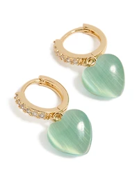 Gold Plated Cubic Zirconia Pave &  Green Heart Huggie Earrings