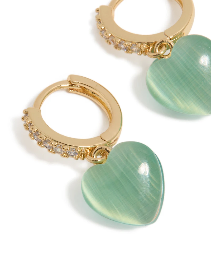 Gold Plated Cubic Zirconia Pave &  Green Heart Huggie Earrings