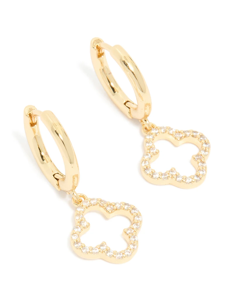 Gold Plated Cubic Zirconia Huggie Flower Drop Earrings