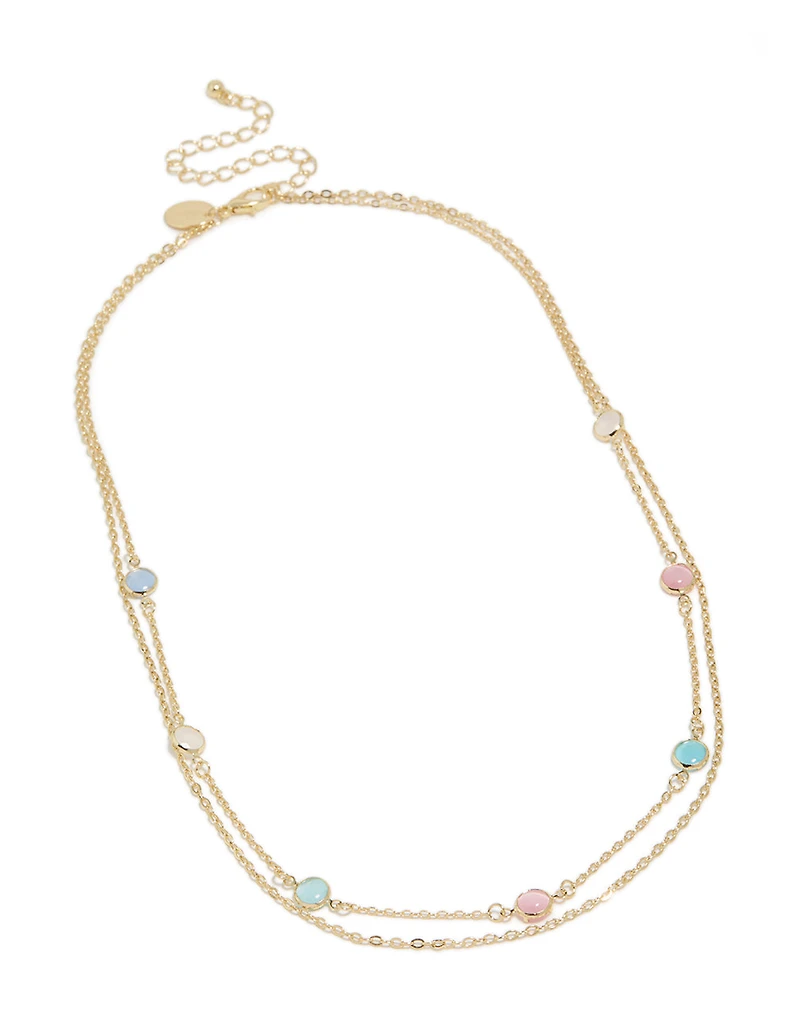 Collier en couches en pierres roses et bleues plaquées or