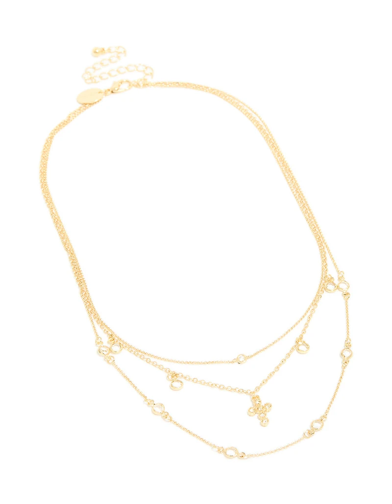 Gold Plated Cubic Zirconia Bezel & Cross Layered Necklace