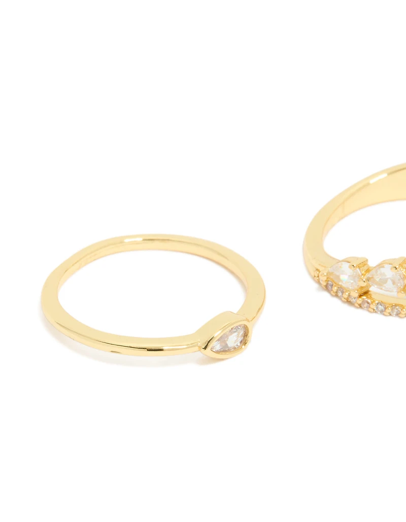 Gold Plated Cubic Zirconia Teardrop & Band Rings 3-Pack