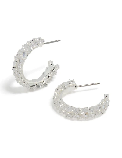 Boucles d’oreilles à cerceau à feuilles moyennes en zircone cubique plaquées argent