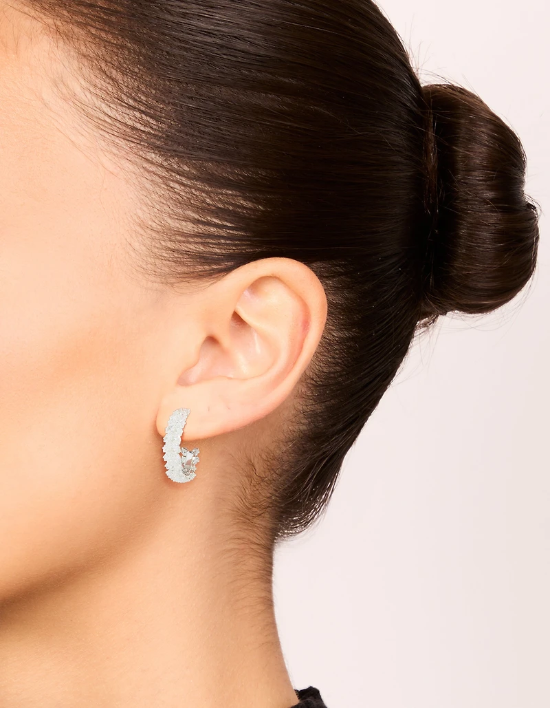 Silver Plated Cubic Zirconia Medium Leaf Hoop Earrings