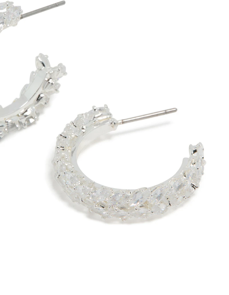 Silver Plated Cubic Zirconia Medium Leaf Hoop Earrings