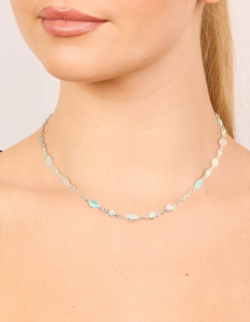 Silver Plated Pink & Blue Cubic Zirconia Mixed Oval Necklace