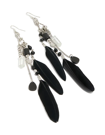 Boucles d’oreilles anciennes en plumes et chaînes argentées noires