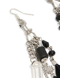 Antique Silver Black Feather &  Chain Drop Earrings