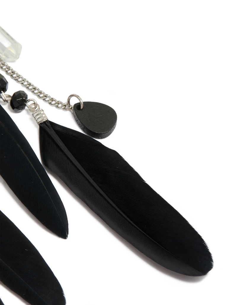 Boucles d’oreilles anciennes en plumes et chaînes argentées noires
