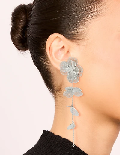 Silver Long Floral Drop Earrings