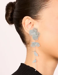 Silver Long Floral Drop Earrings
