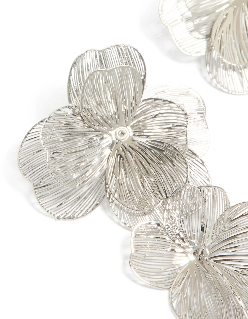 Silver Long Floral Drop Earrings