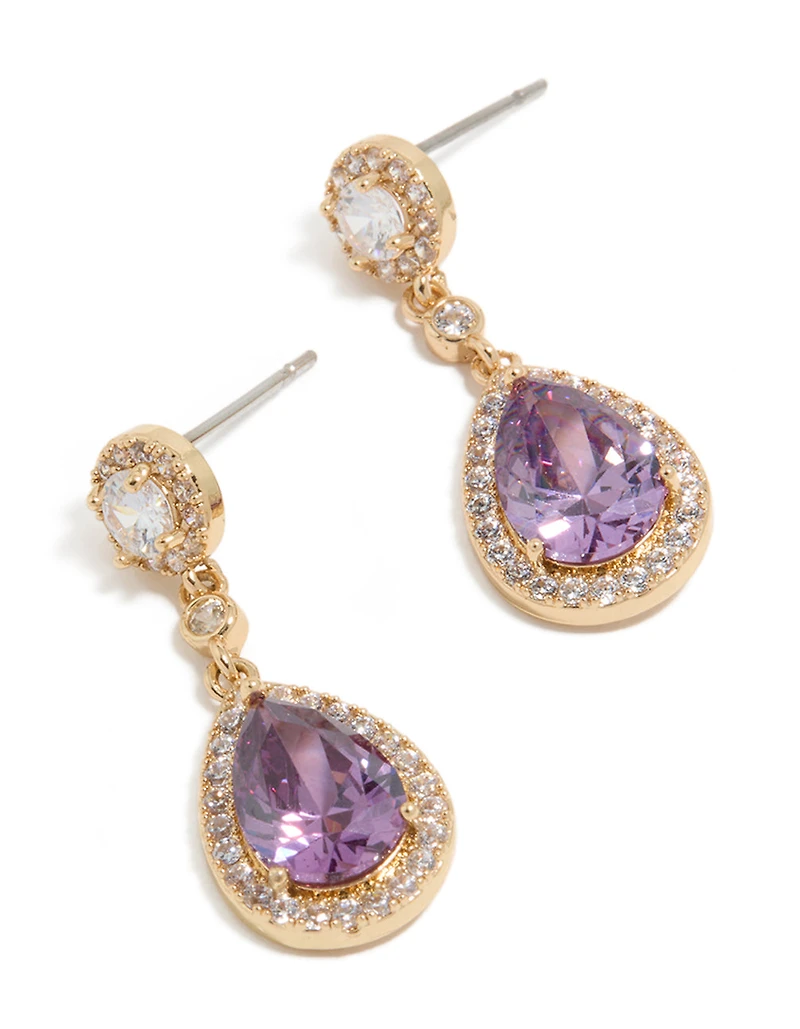 Boucles d’oreilles double goutte en zircone cubique dorées et violettes