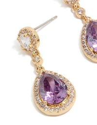 Boucles d’oreilles double goutte en zircone cubique dorées et violettes