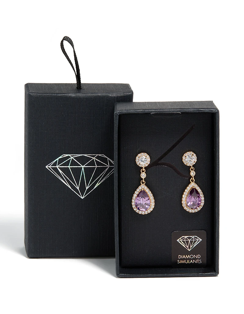 Boucles d’oreilles double goutte en zircone cubique dorées et violettes