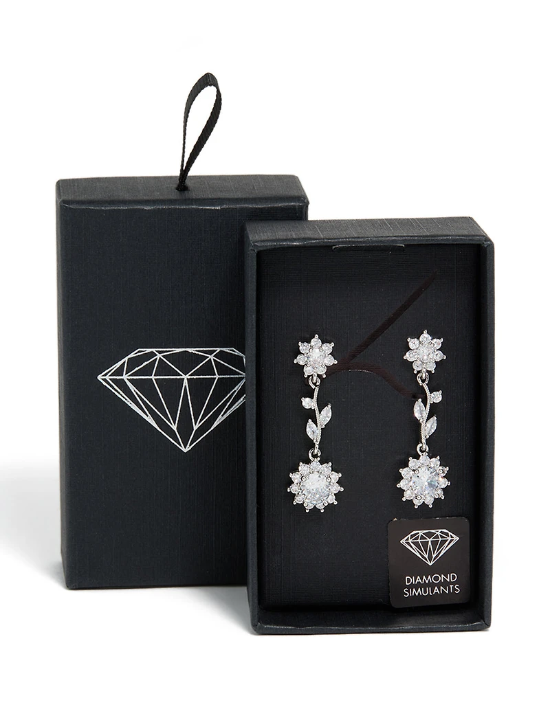Silver Cubic Zirconia Vine Floral Drop Earrings