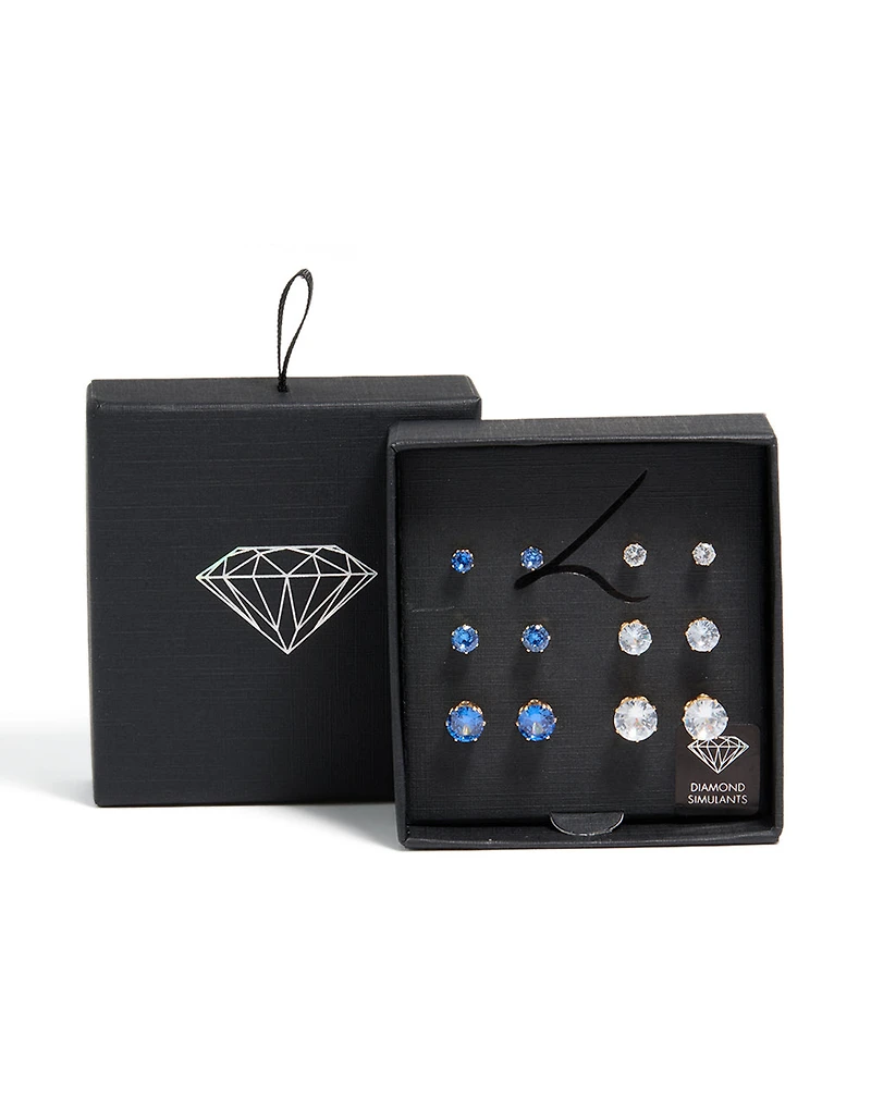 Gold Classic Blue & Clear Cubic Zirconia Stud Earrings 6-Pack