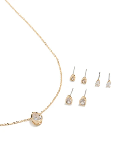 Ensemble de collier et boucles d’oreilles en zirconie et poire en zircone en double cubes en or transparent