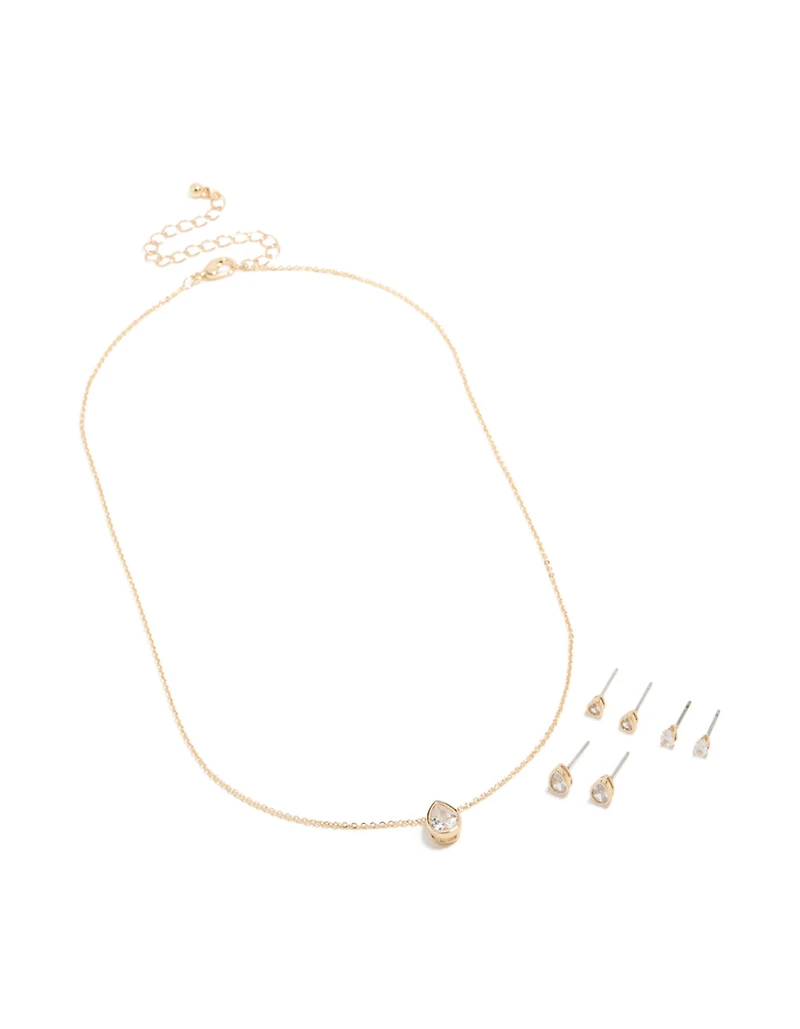 Ensemble de collier et boucles d’oreilles en zirconie et poire en zircone en double cubes en or transparent