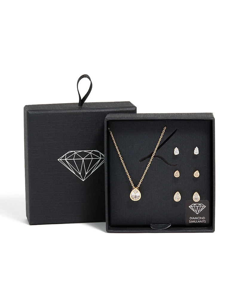 Ensemble de collier et boucles d’oreilles en zirconie et poire en zircone en double cubes en or transparent