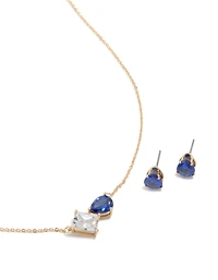 Gold Clear & Blue Cubic Zirconia Cluster Necklace & Earrings Set