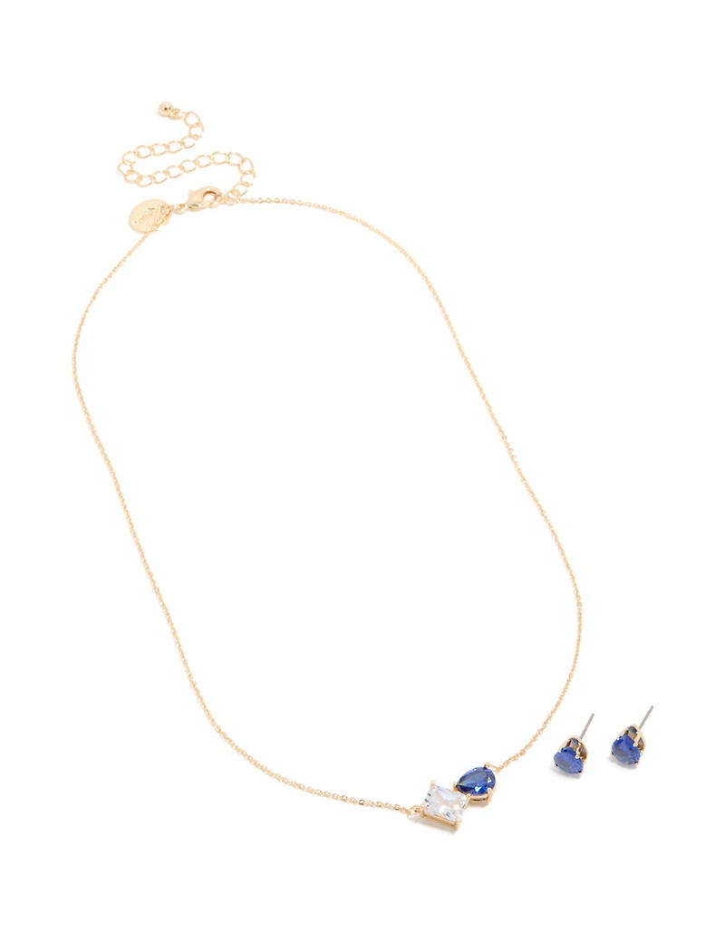 Gold Clear & Blue Cubic Zirconia Cluster Necklace & Earrings Set