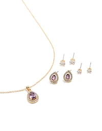 Gold Purple Cubic Zirconia Necklace & Earrings Set