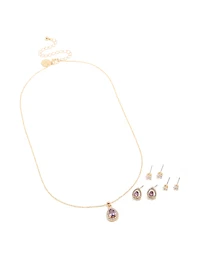 Gold Purple Cubic Zirconia Necklace & Earrings Set