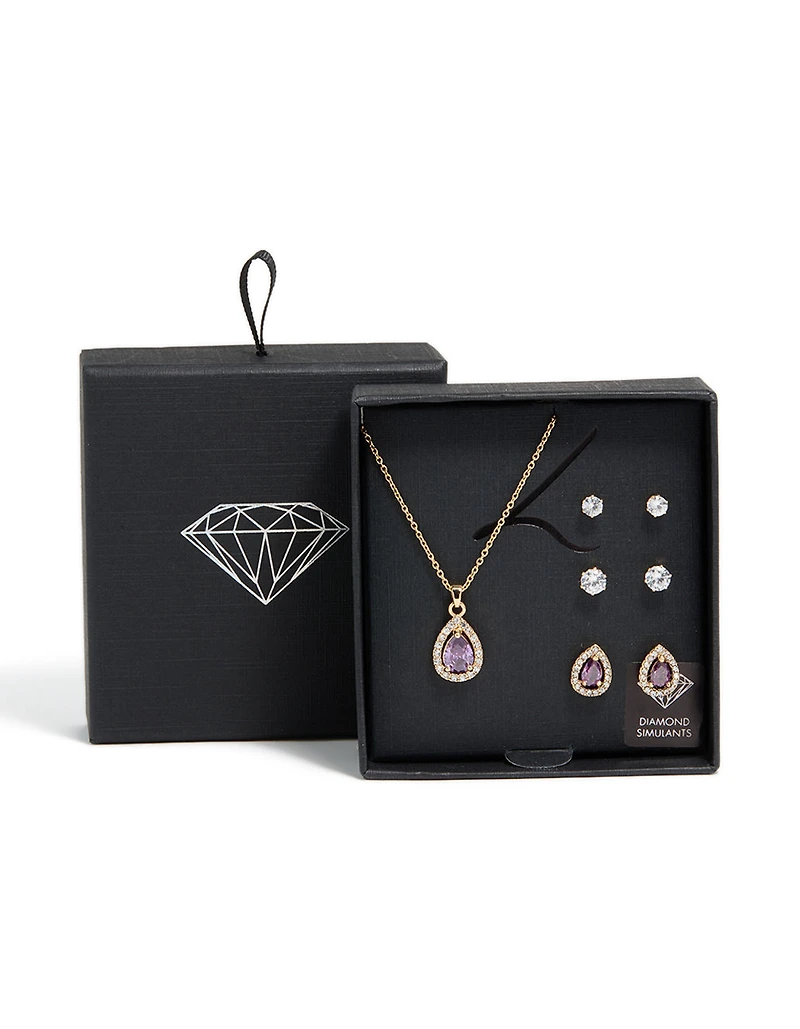 Gold Purple Cubic Zirconia Necklace & Earrings Set