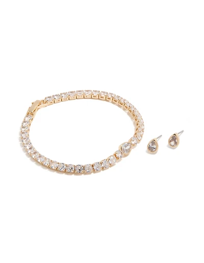 Gold Clear Cubic Zirconia Bezel Tennis Bracelet & Earrings Set