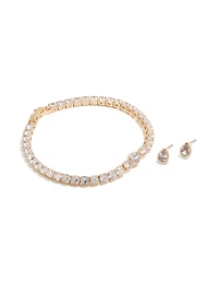 Gold Clear Cubic Zirconia Bezel Tennis Bracelet & Earrings Set