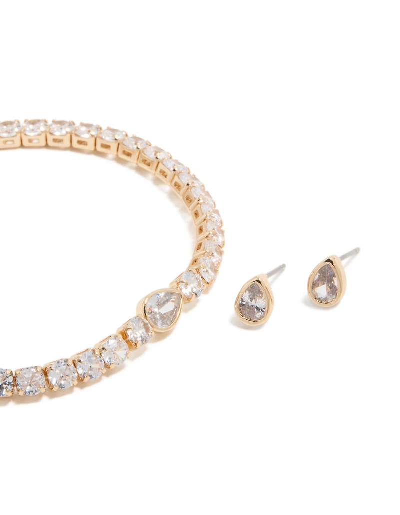 Gold Clear Cubic Zirconia Bezel Tennis Bracelet & Earrings Set