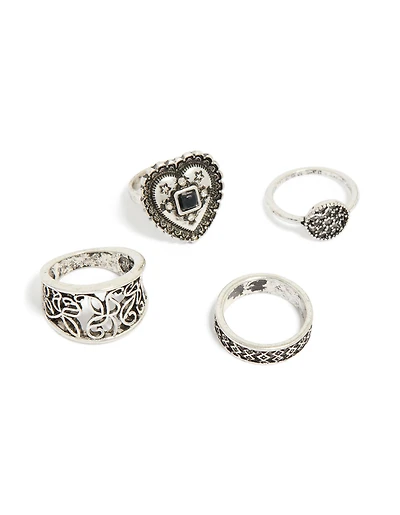 Cœur en argent ancien et bagues texturées paquet de 4