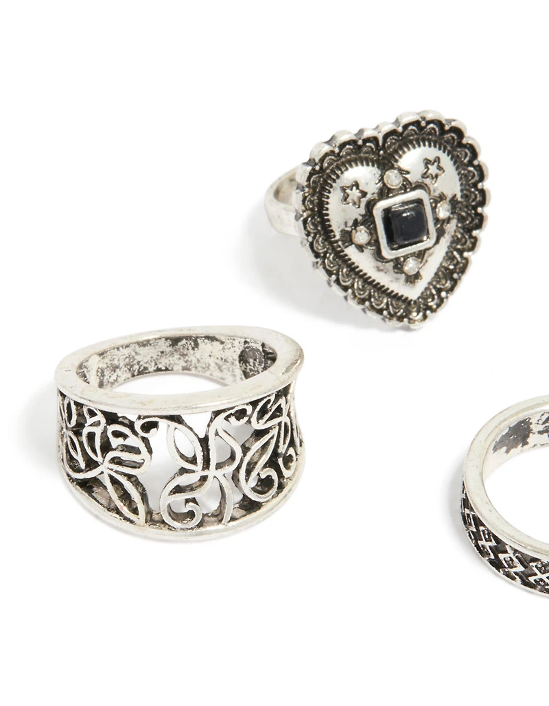 Cœur en argent ancien et bagues texturées paquet de 4