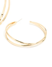 Gold Large Cross Over  Hoop Earrings