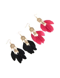 Pack de boucles d’oreilles bohèmes en plumes bohèmes noires et roses dorées anciennes