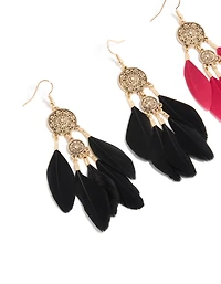 Pack de boucles d’oreilles bohèmes en plumes bohèmes noires et roses dorées anciennes