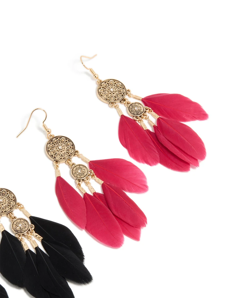 Pack de boucles d’oreilles bohèmes en plumes bohèmes noires et roses dorées anciennes