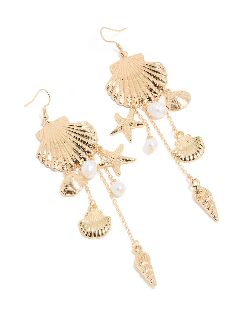 Boucles d’oreilles tombantes en perles d’or et multi-coquillages