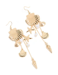 Boucles d’oreilles tombantes en perles d’or et multi-coquillages